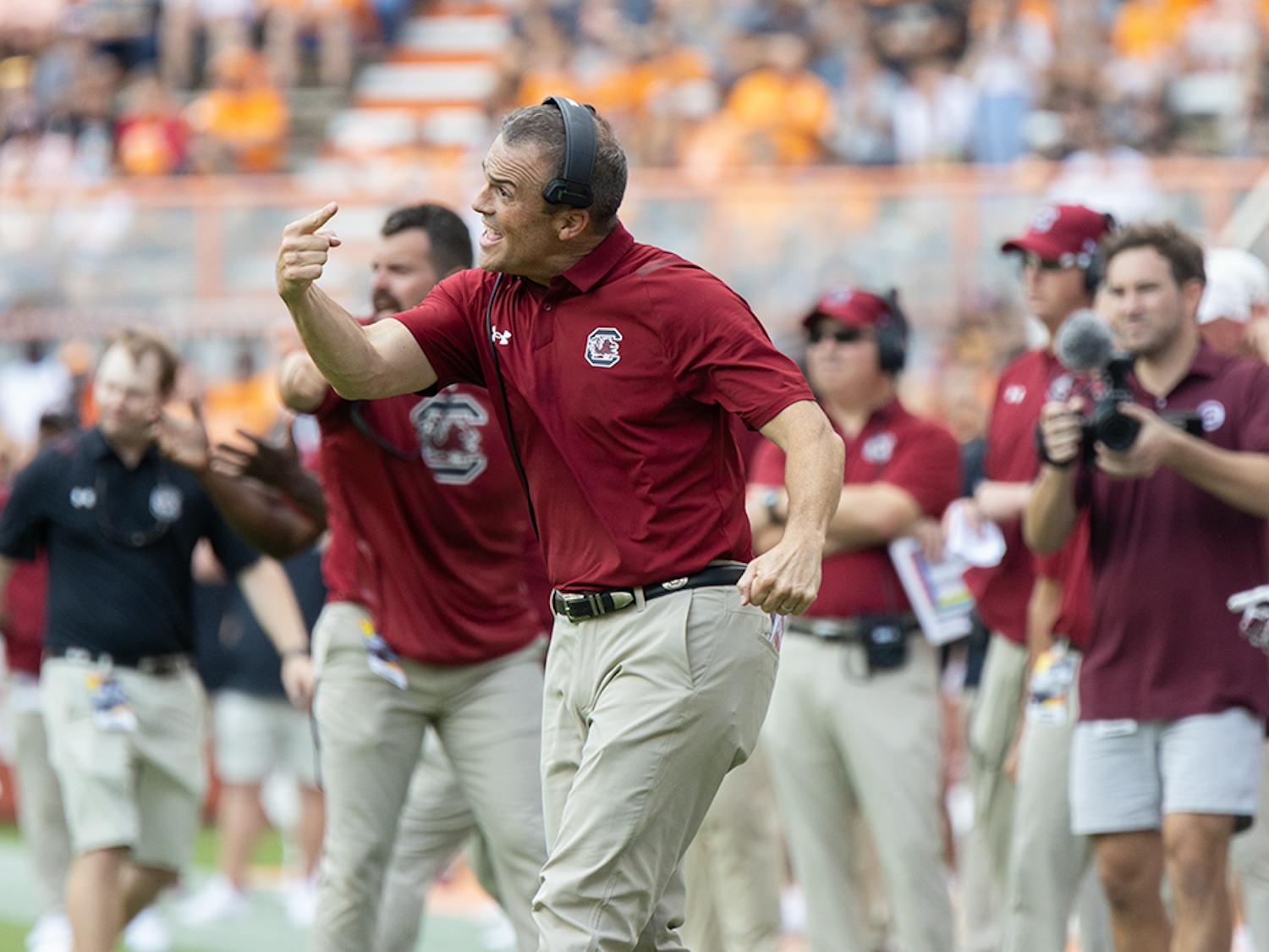 Head coach Shane Beamer substituting a player before a third and goal play for the offense during the fourth quarter against the Volunteers on Oct. 9, 2021. The Gamecocks would go on to fourth before making the third touchdown for the Gamecocks.