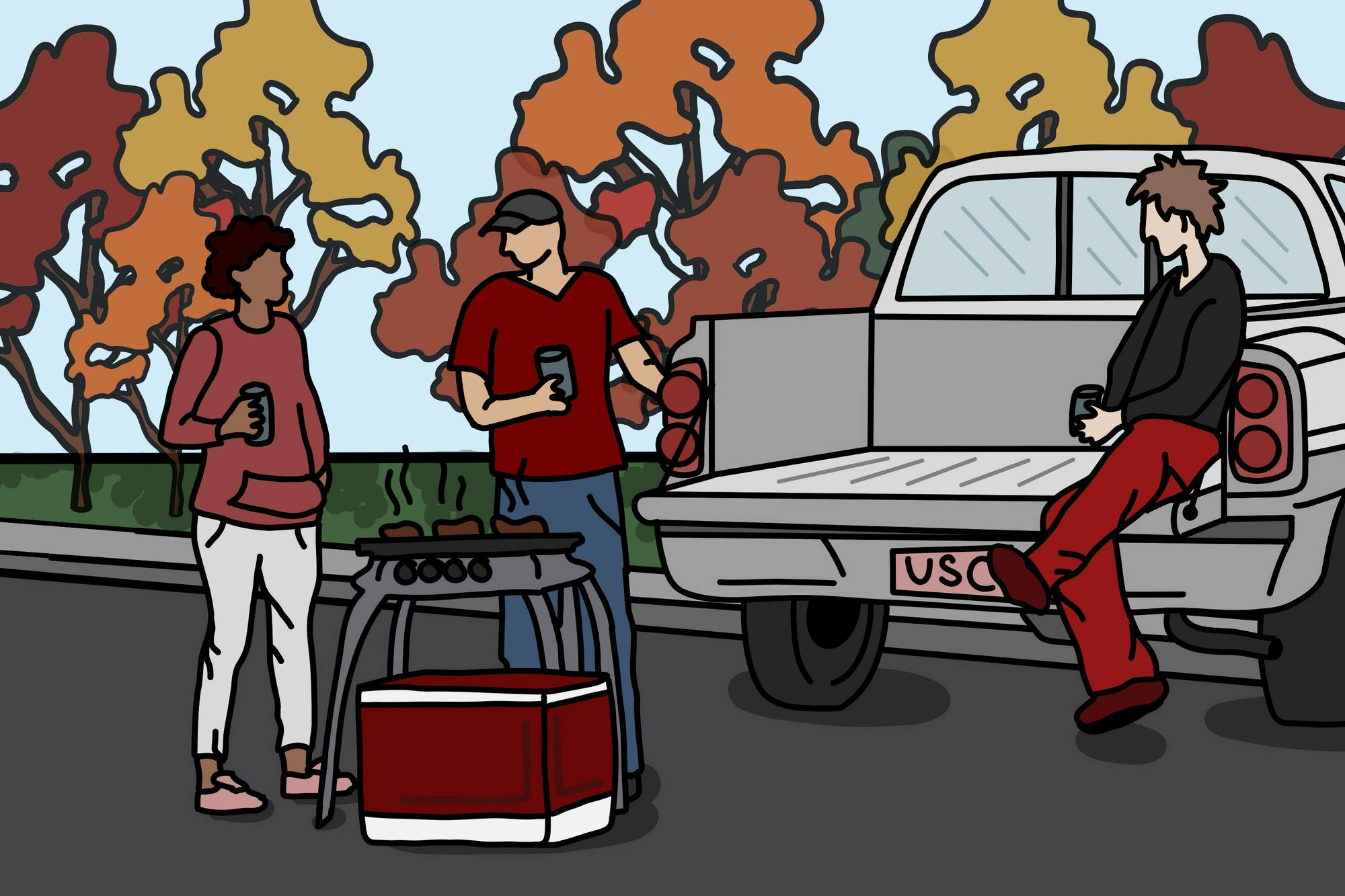 Two people standing near a grill with drinks in their hands, by another person sitting in the back of a pickup truck in a parking lot with fall trees in the background