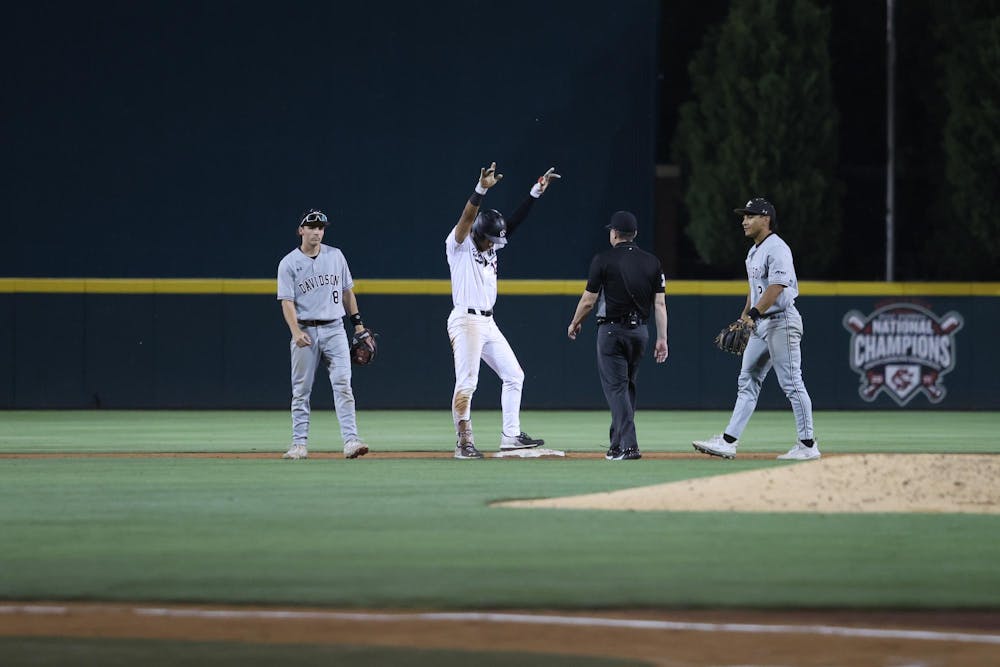 <p>Senior outfielder Ethan Lizama celebraates after making it to second base off a hit against Davidson on April 14, 2026, at Founders Park. The Gamecocks won 8-6 against the Wildcats.</p>