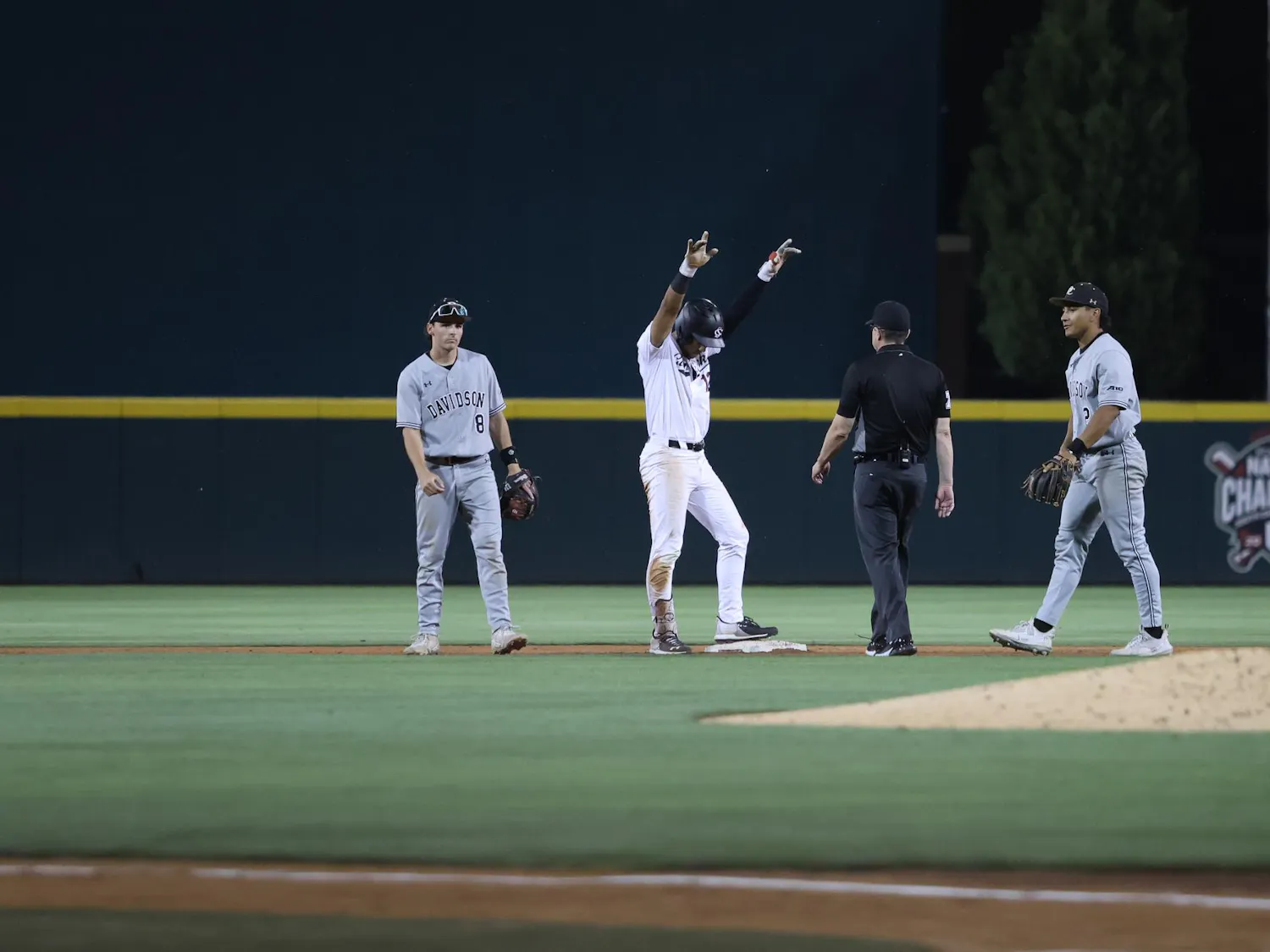 Senior outfielder Ethan Lizama celebraates after making it to second base off a hit against Davidson on April 14, 2026, at Founders Park. The Gamecocks won 8-6 against the Wildcats.