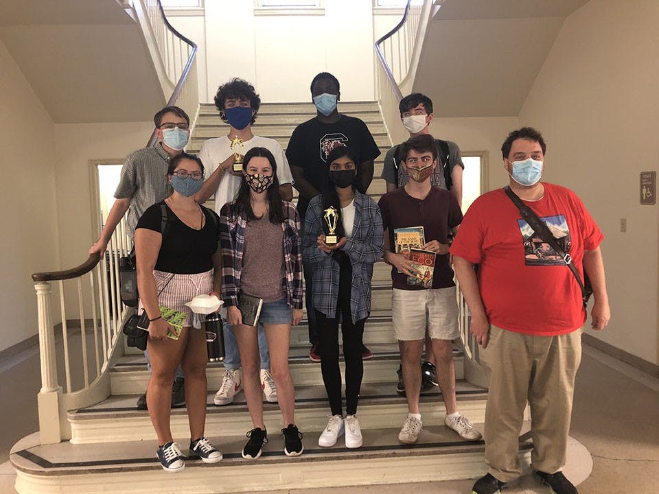 Members of the University of South Carolina Academic Team with their first place trophy after winning the first in-person competition in two years in Durham, North Carolina, on Oct. 16.&nbsp;