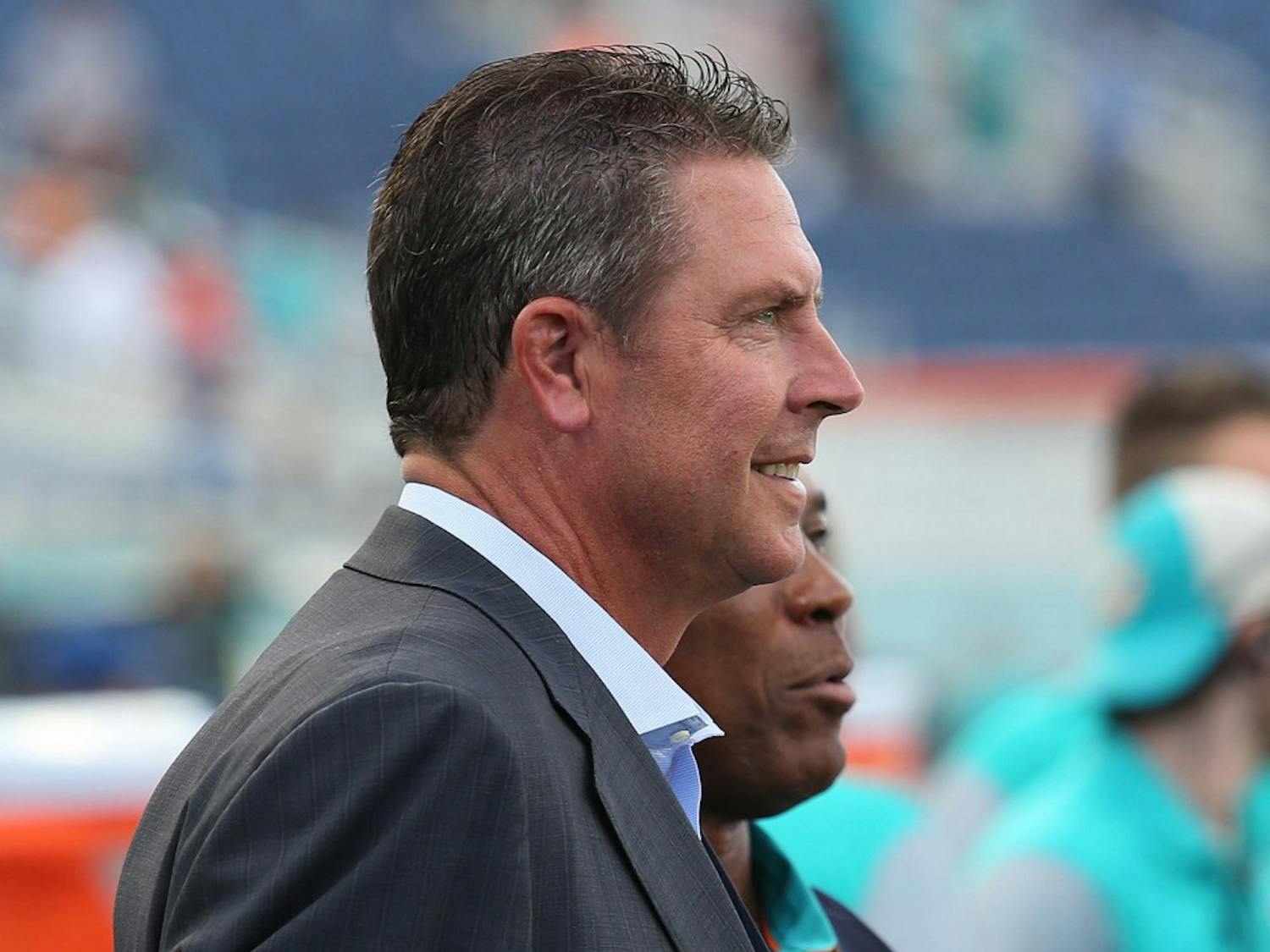 Dan Marino watches from the sidelines before the Miami Dolphins face the Atlanta Falcons in an NFL preseason game on Thursday, Aug. 25, 2016 at Camping World Stadium in Orlando, Fla. (Stephen M. Dowell/Orlando Sentinel/TNS)