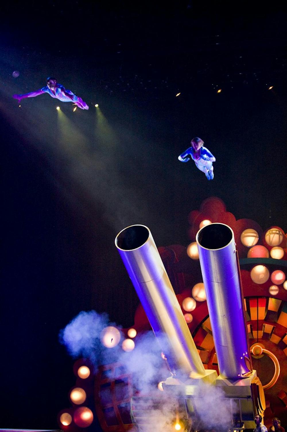 Tina and Brian Miser are part of the human cannonball act with the Ringling Bros. and Barnum &amp; Bailey Circus’ “Zing Zang Zoom” show. Here, Tina Miser and Ekaterina Borzikova fly from the cannons. (Feld Entertainment/MCT)