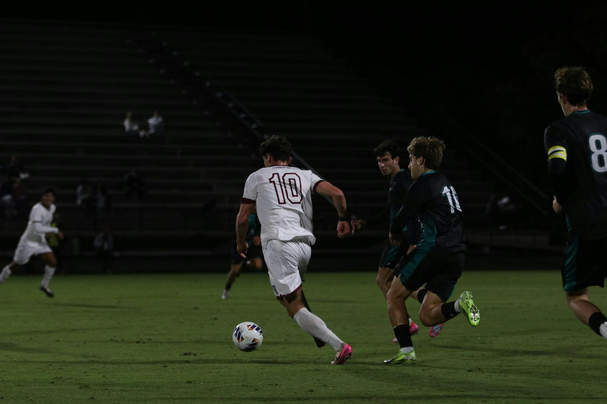 South Carolina midfielder Ethan Ballek runs down the field defending the Gamecocks against Coastal Carolina in their match on Oct. 26, 2025. The Chanticleers defeated the Gamecocks with a final score of 3-1.