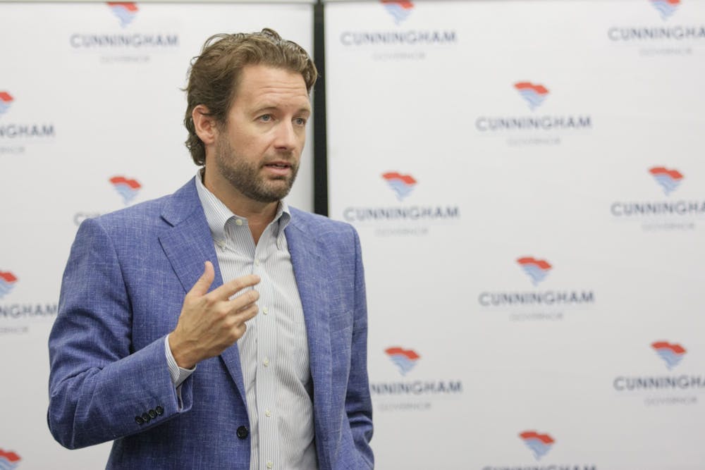 SC Democratic gubernatorial candidate Joe Cunningham speaks to a full room at Russell House. 