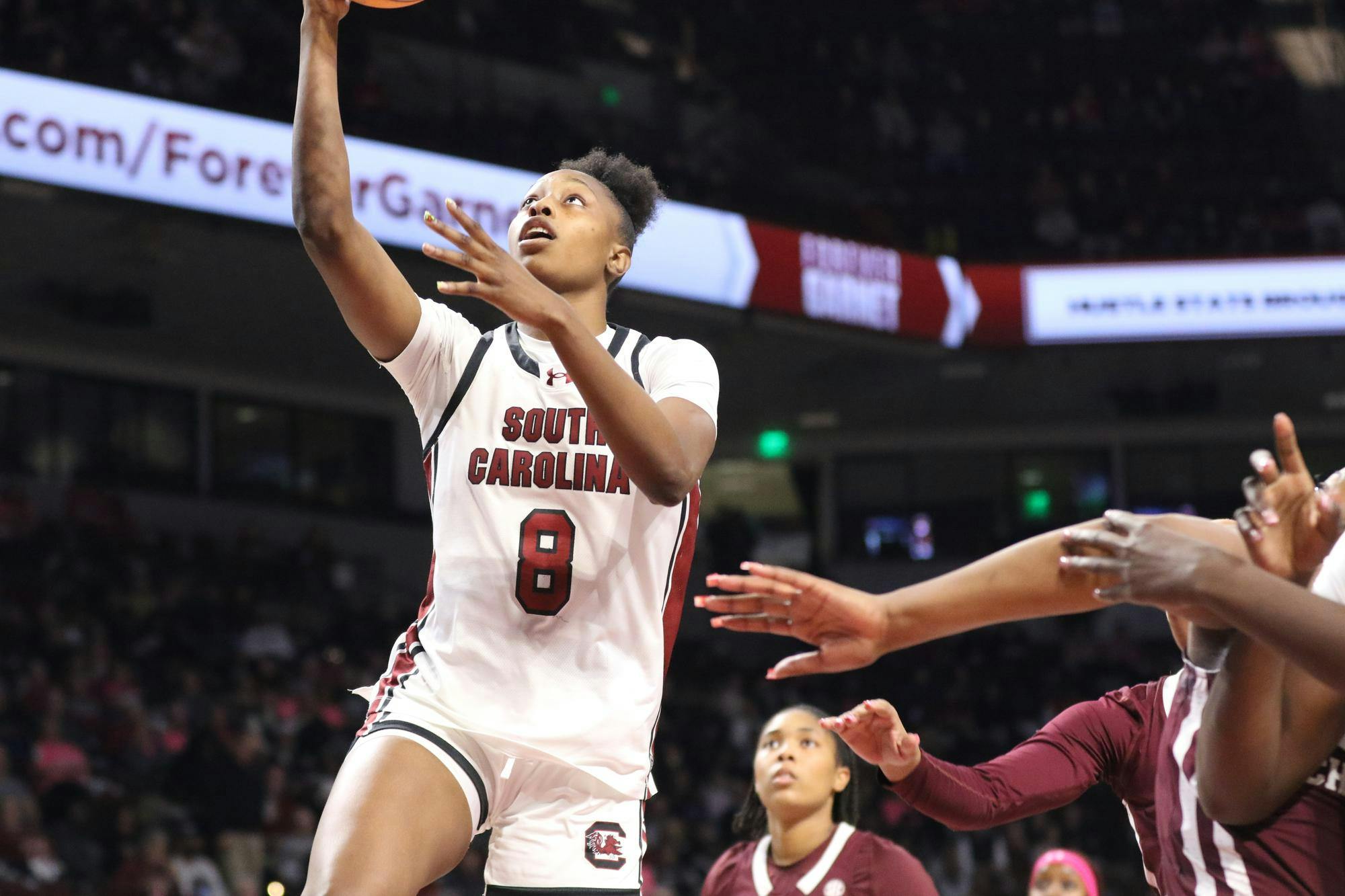 Sophomore forward Joyce Edwards goes for a layup in the Gamecocks’ matchup against the Bulldogs on Feb. 5, 2026. The Gamecocks ultimately defeated the Bulldogs with a final score of 88-45.