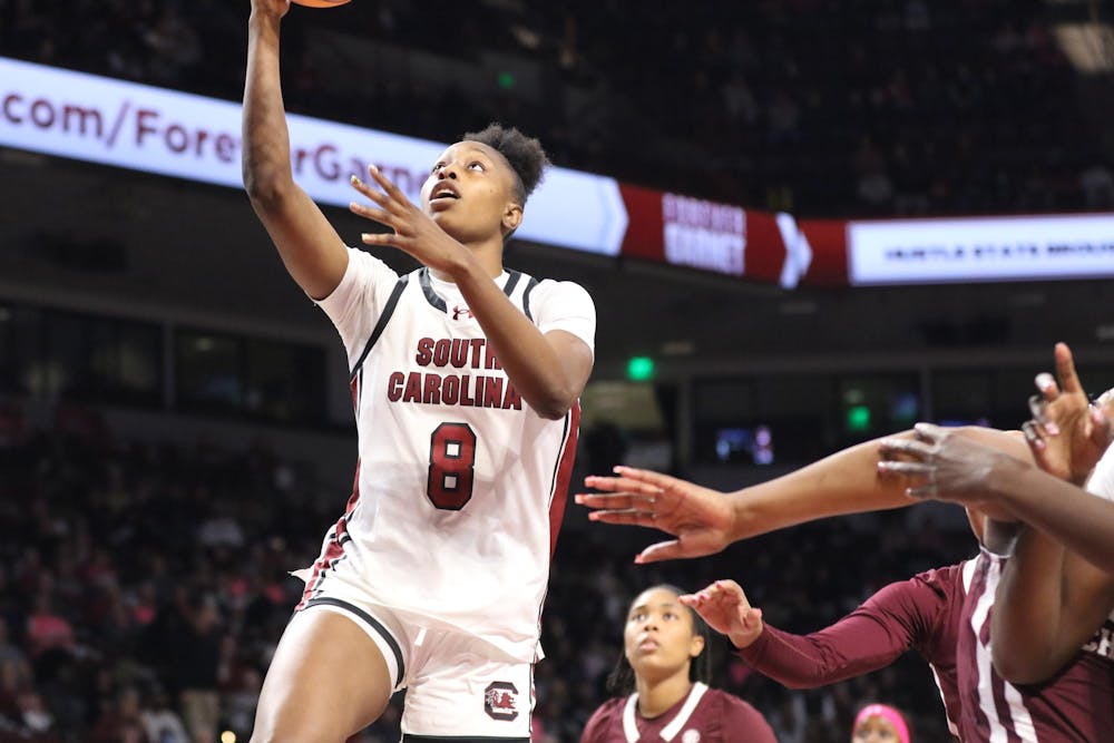 <p>Sophomore forward Joyce Edwards goes for a layup in the Gamecocks’ matchup against the Bulldogs on Feb. 5, 2026. The Gamecocks ultimately defeated the Bulldogs with a final score of 88-45.</p>