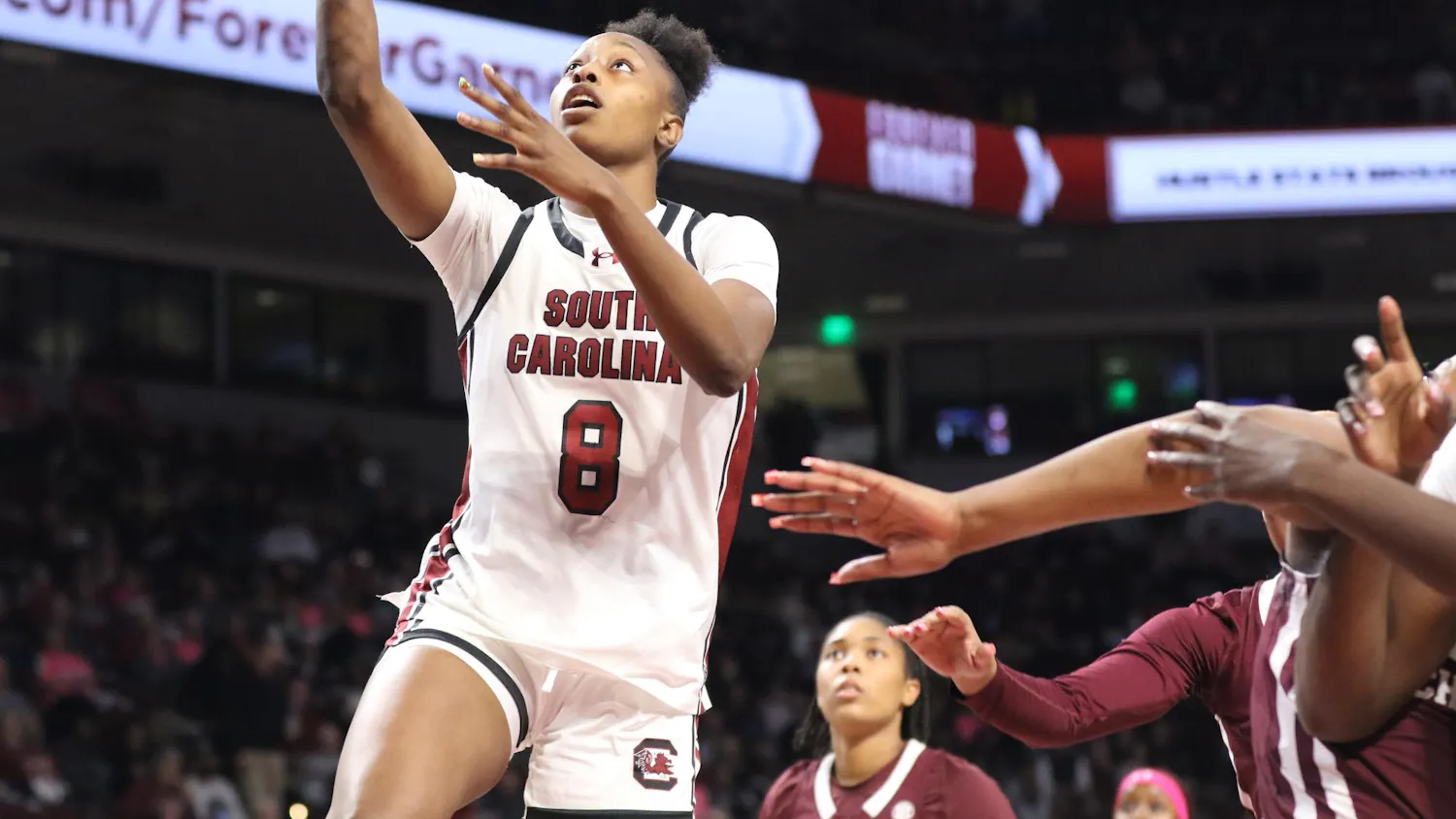 Sophomore forward Joyce Edwards goes for a layup in the Gamecocks’ matchup against the Bulldogs on Feb. 5, 2026. The Gamecocks ultimately defeated the Bulldogs with a final score of 88-45.
