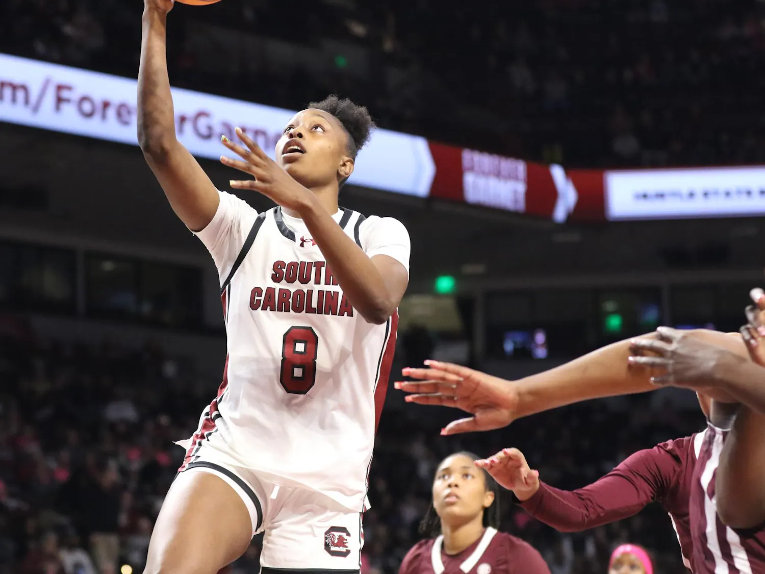Sophomore forward Joyce Edwards goes for a layup in the Gamecocks’ matchup against the Bulldogs on Feb. 5, 2026. The Gamecocks ultimately defeated the Bulldogs with a final score of 88-45.