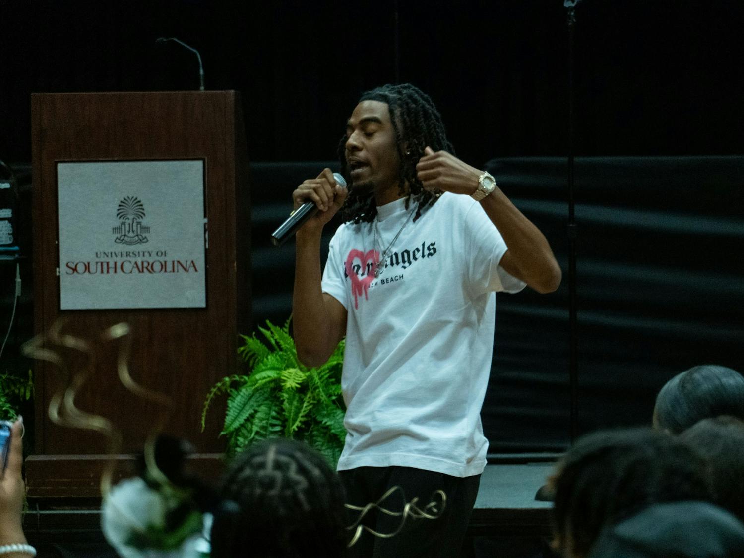 Devin Long entertains the crowd as the second act in the Back II Black talent showcase on Feb. 25, 2022.