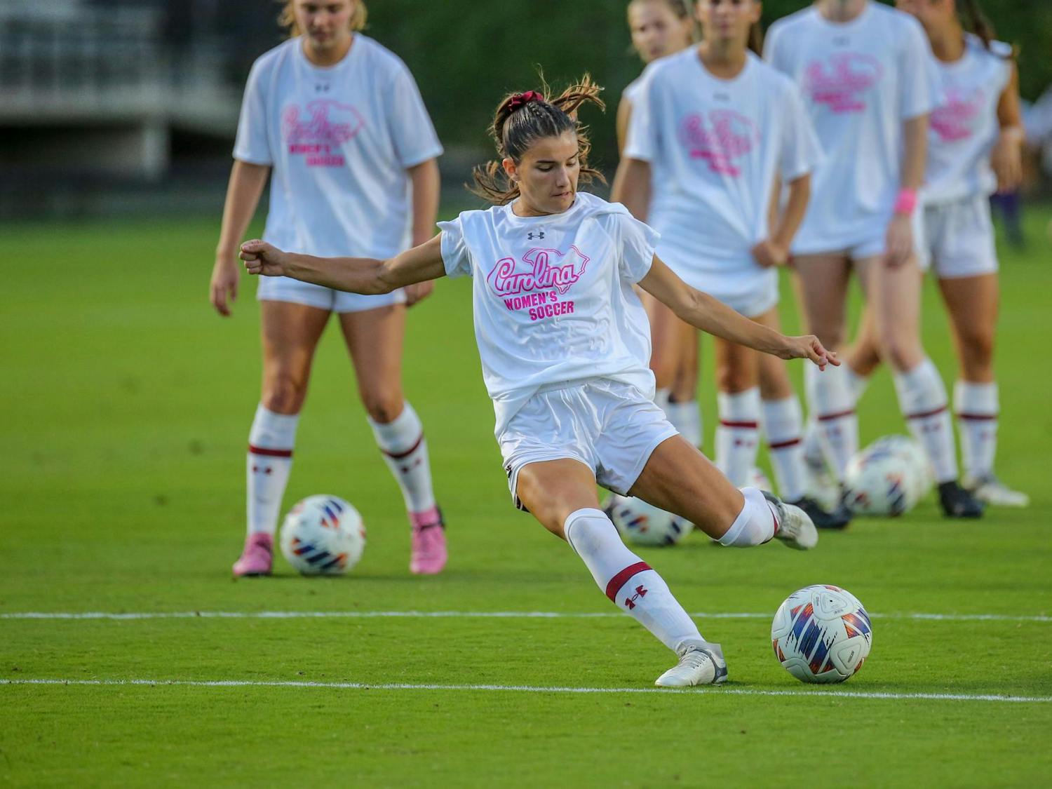 Senior forward Corinna Zullo shoots a ball prior to South Carolina’s match against LSU at Stone Stadium on Oct. 5, 2023. The Gamecocks beat the Tigers 1-0.