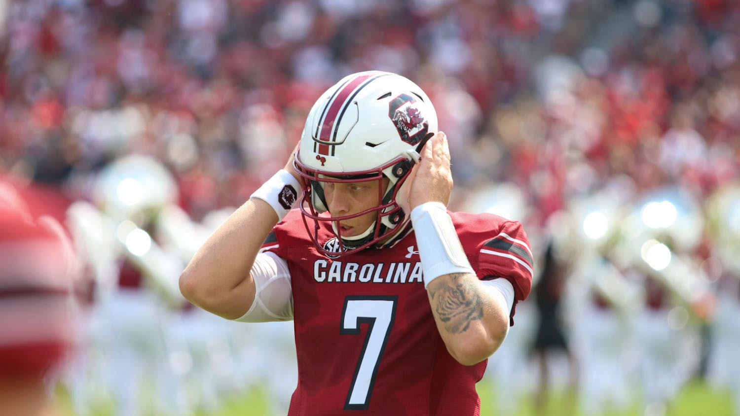 File—Redshirt junior quarterback Spencer Rattler enters the field at the start of South Carolina’s game against Georgia on Sep. 17, 2022.&nbsp;The Gamecocks fell to the Bulldogs 48-7.&nbsp;
