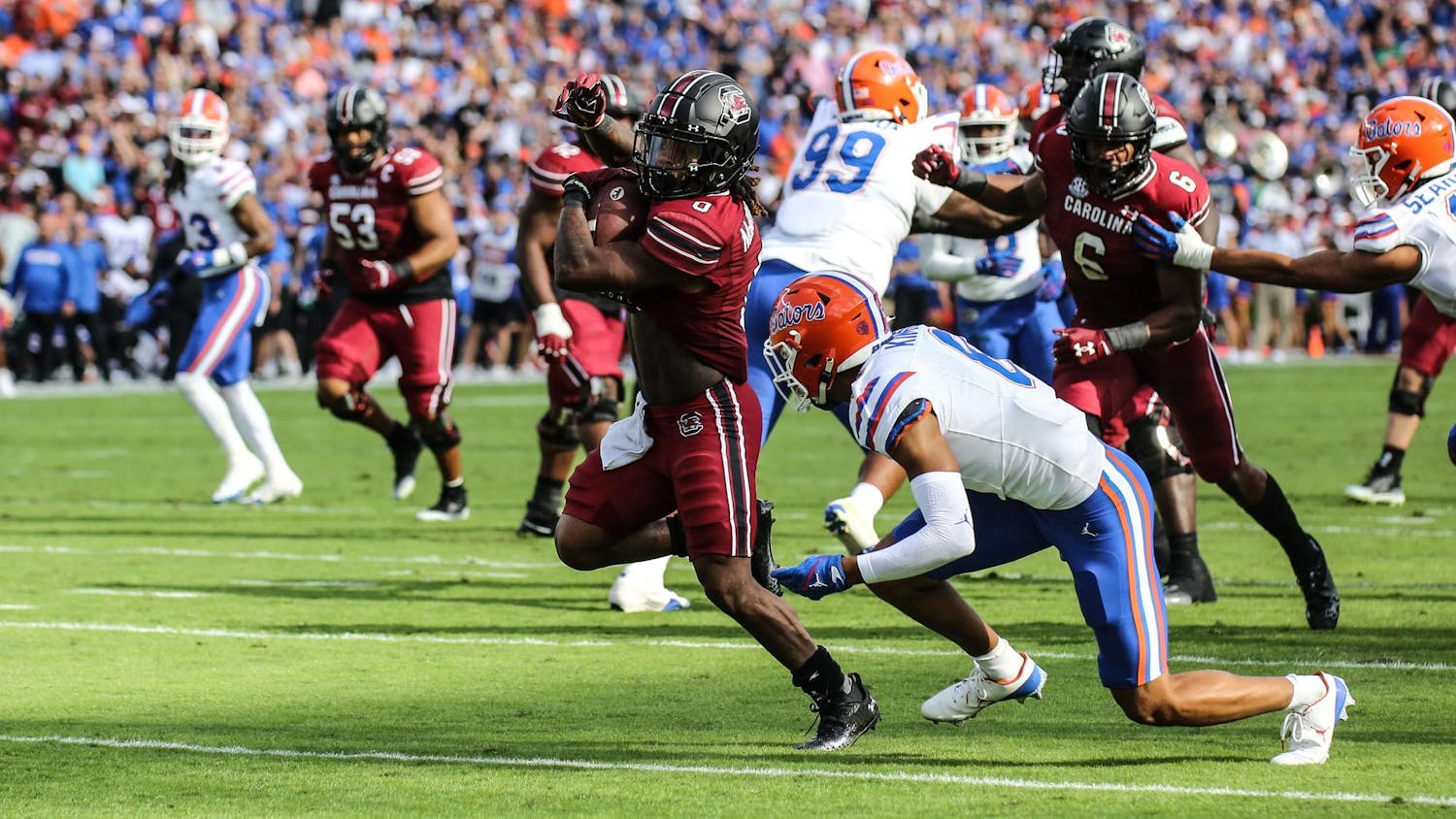 FILE — Junior running back Juju McDowell carries the ball toward the endzone during South Carolina’s game against Florida on Oct. 14, 2023, at Williams-Brice Stadium. McDowell scored one touchdown and averaged 17 rushing yards in the Gamecocks’ 41-39 loss to the Gators.