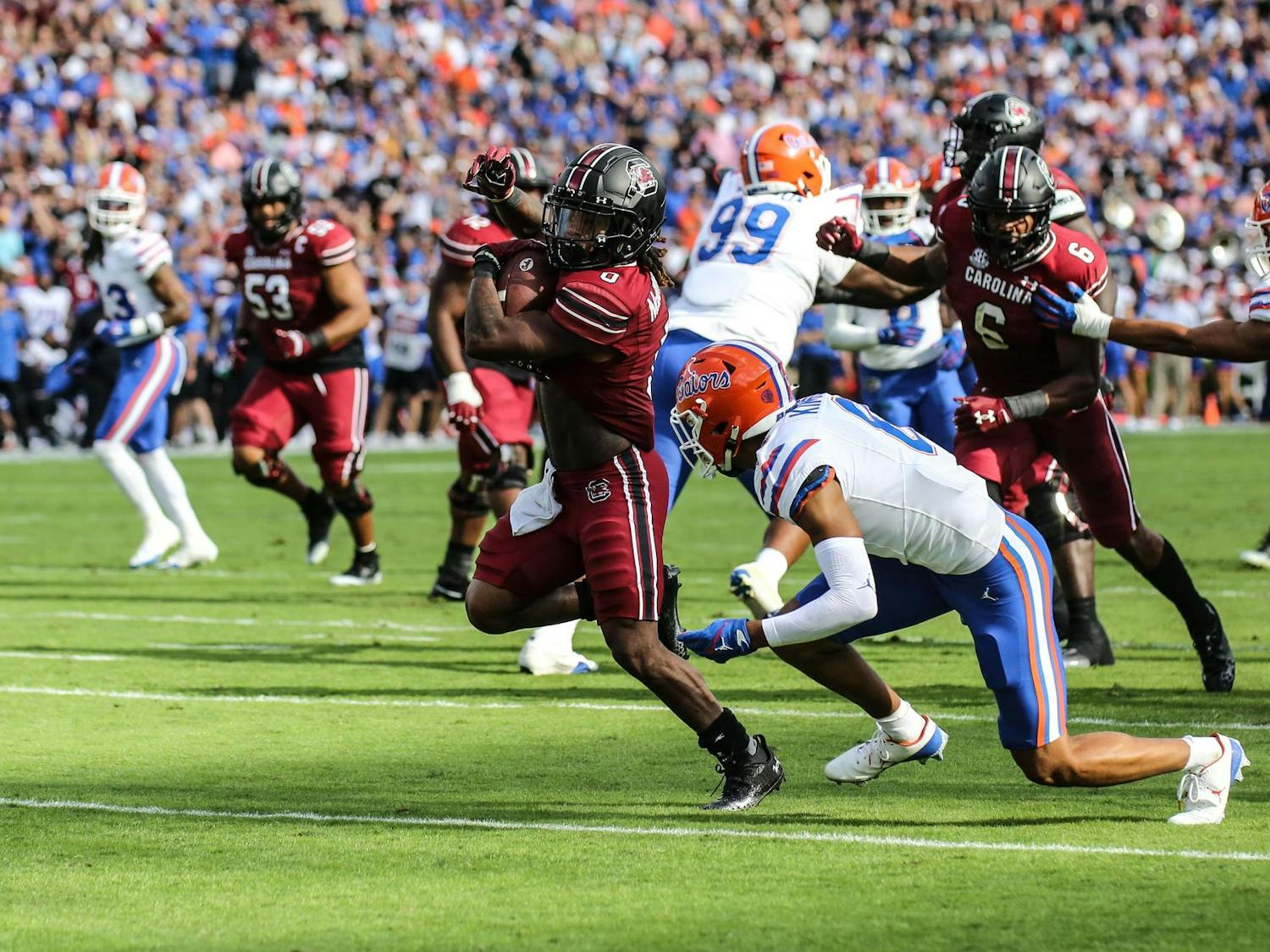 FILE — Junior running back Juju McDowell carries the ball toward the endzone during South Carolina’s game against Florida on Oct. 14, 2023, at Williams-Brice Stadium. McDowell scored one touchdown and averaged 17 rushing yards in the Gamecocks’ 41-39 loss to the Gators.