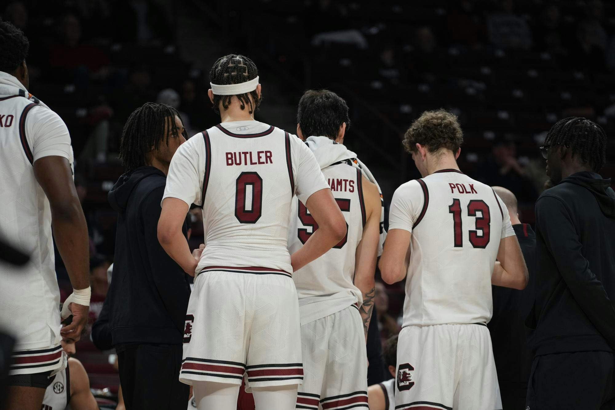 South Carolina players huddle during a timeout in the Gamecocks’ matchup against Stetson at Colonial Life Arena. The group reset and refocus as the Gamecocks went on to win the contest.