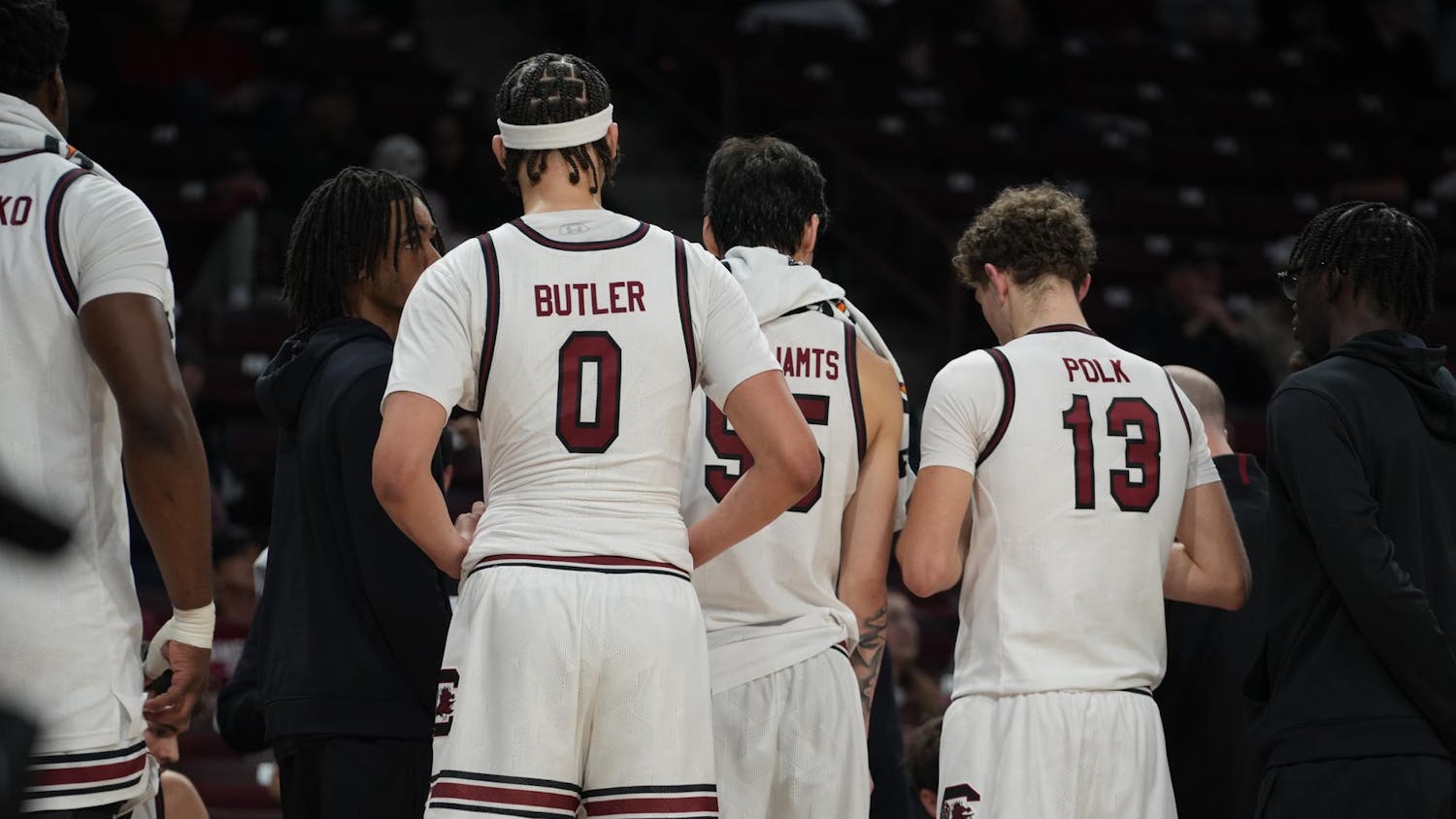 South Carolina players huddle during a timeout in the Gamecocks’ matchup against Stetson at Colonial Life Arena. The group reset and refocus as the Gamecocks went on to win the contest.