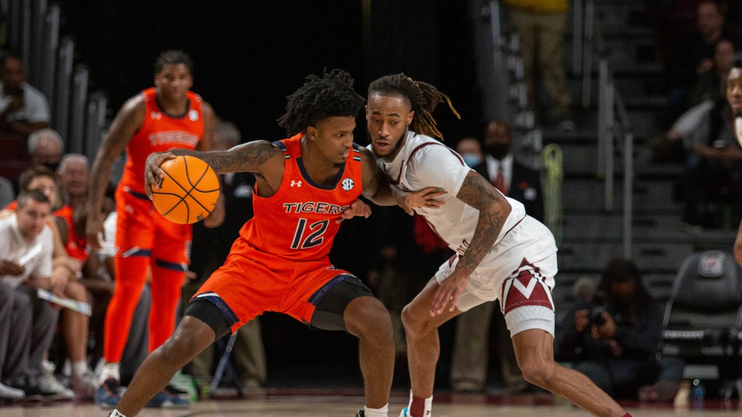Graduate guard James Reese V works to cover his opponent in a game against Auburn earlier this season. Reese was the only player to score double digits against Tennessee.&nbsp;