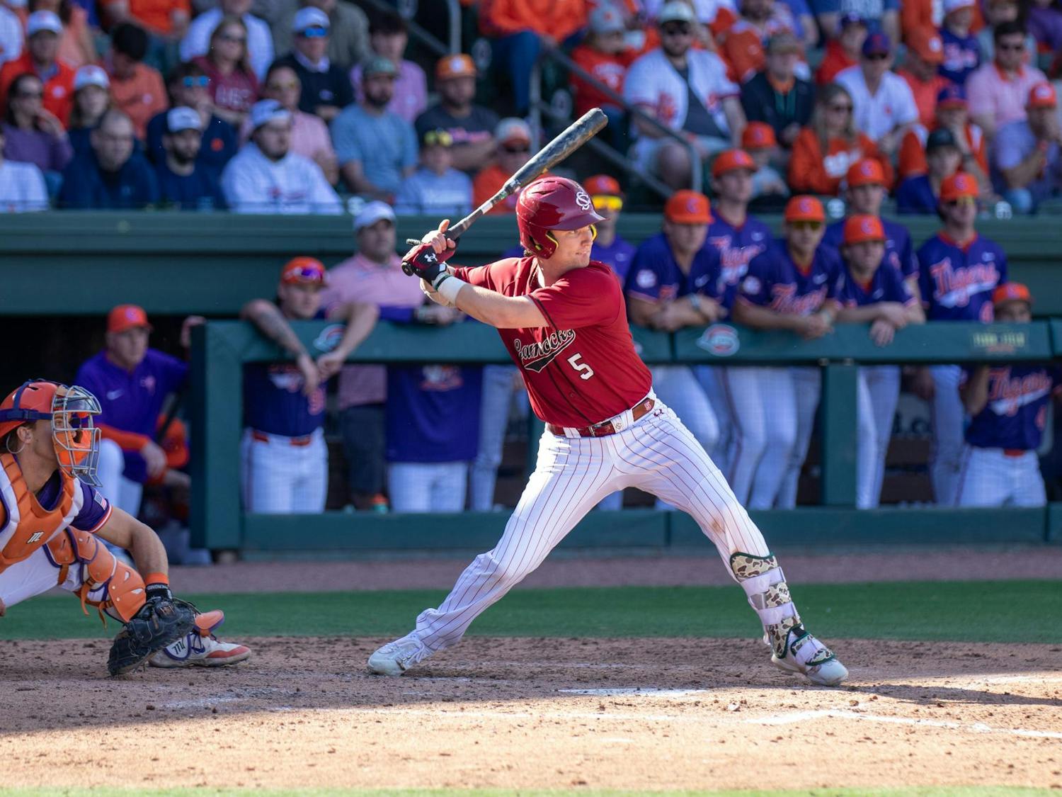 Senior catcher Talmadge LeCroy steps up to bat against Clemson at Fluor Field on March 1, 2025. South Carolina fell to the Tigers, 5-1, in the neutral site matchup. 