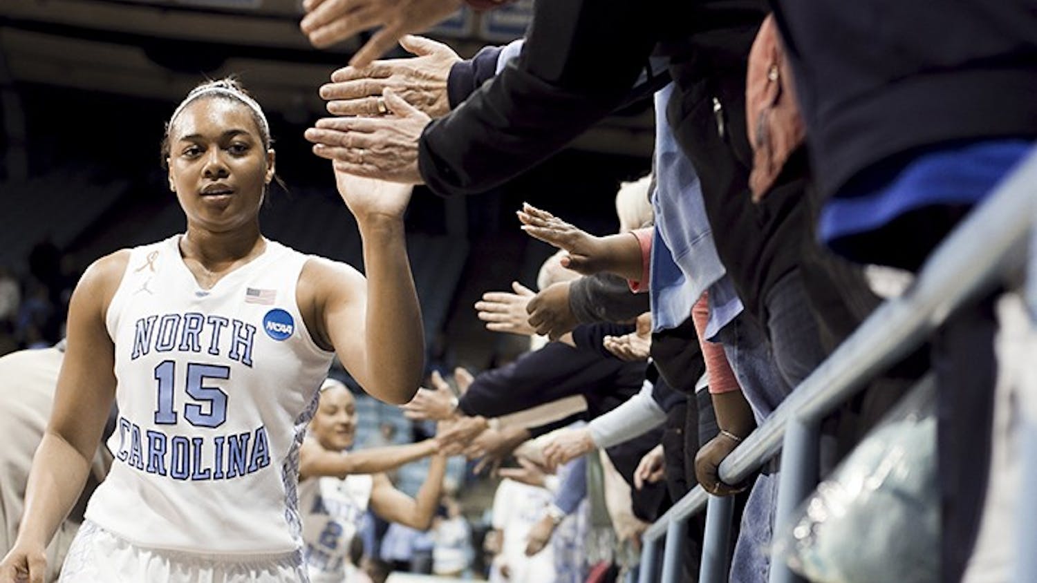 North Carolina's Allisha Gray (15) celebrates the Tar Heels' 62-53 victory over the Michigan State Spartans during the second round of the NCAA Tournament at Carmichael Arena in Chapel Hill, N.C., on Tuesday, March 25, 2014. (Robert Willett/Raleigh News & Observer/MCT)