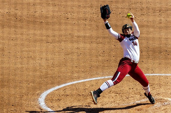 Junior pitcher Rachel Vaughan pitches against a Missouri batter on April 2, 2021.