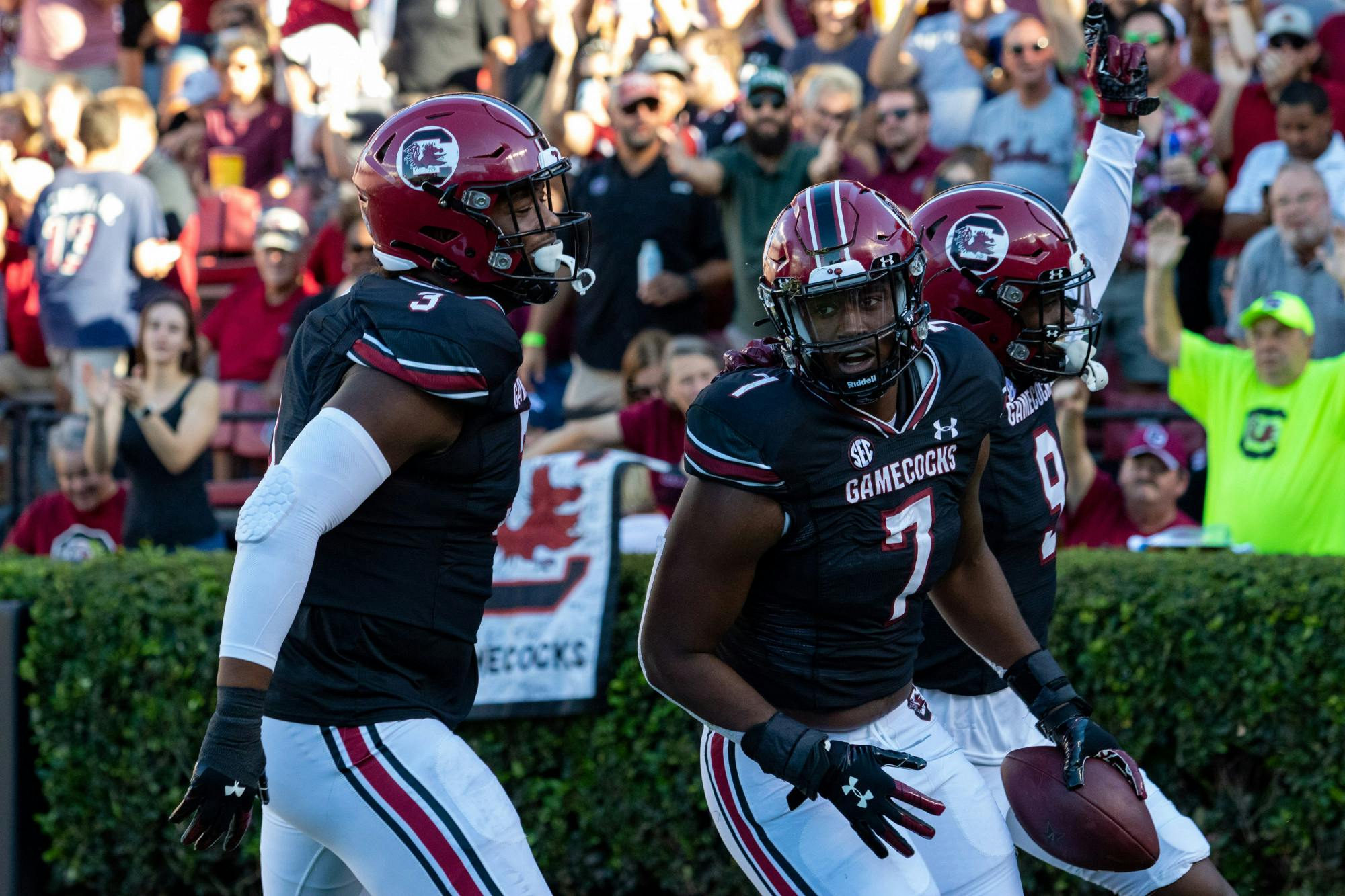 FILE— Redshirt Senior Jordan Strachan (No. 7) celebrates a turnover that he recovered during a game against Vanderbilt on October 16, 2021.