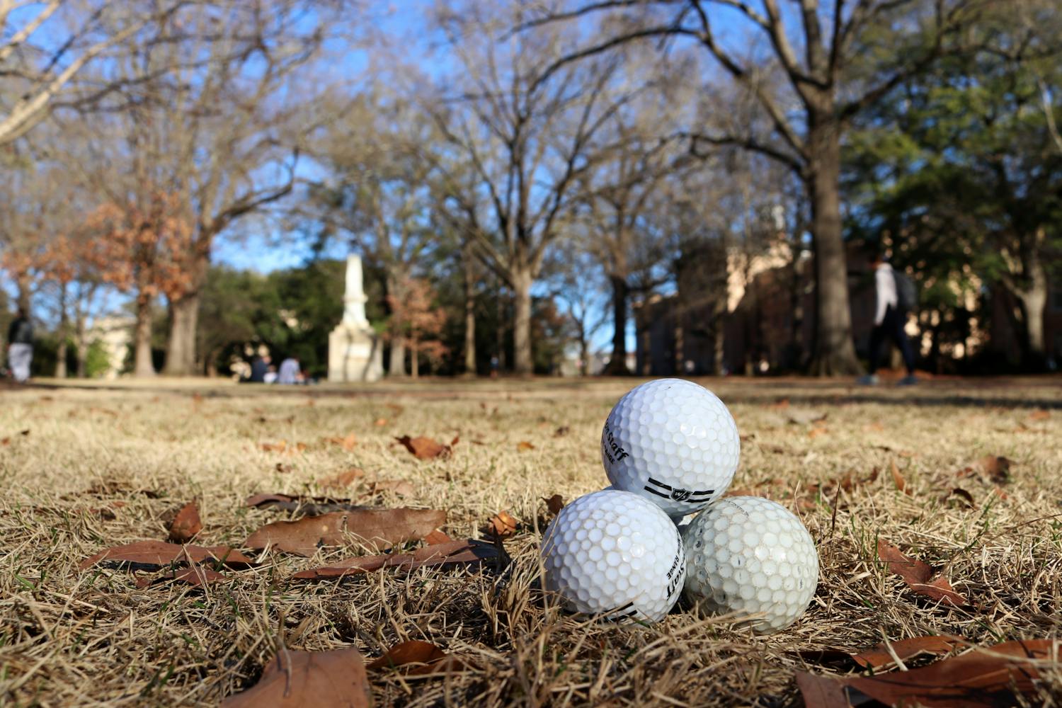 A photo illustration of a stack of golf balls on The Horseshoe at the University of South Carolina on Feb. 13, 2023. The Gamecocks women's golf team started its spring 2023 season at the Nexus Collegiate Invitational in New Providence, Bahamas on Feb.13, 2023.