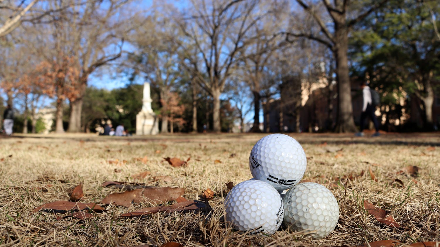 A photo illustration of a stack of golf balls on The Horseshoe at the University of South Carolina on Feb. 13, 2023. The Gamecocks women's golf team started its spring 2023 season at the Nexus Collegiate Invitational in New Providence, Bahamas on Feb.13, 2023.