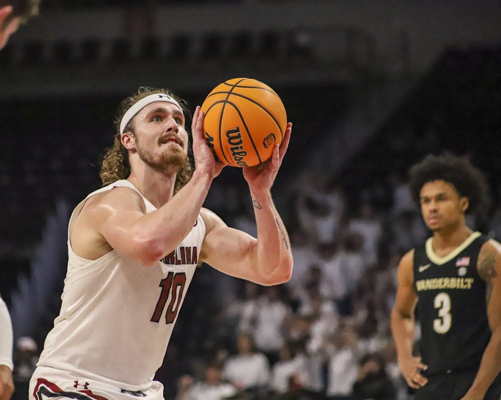 <p>FILE—Graduate student forward Hayden Brown shoots a free throw for the Gamecocks during a game against Vanderbilt on Feb. 14, 2023. Brown scored 11 points during his 32 minutes in the game.&nbsp;</p>