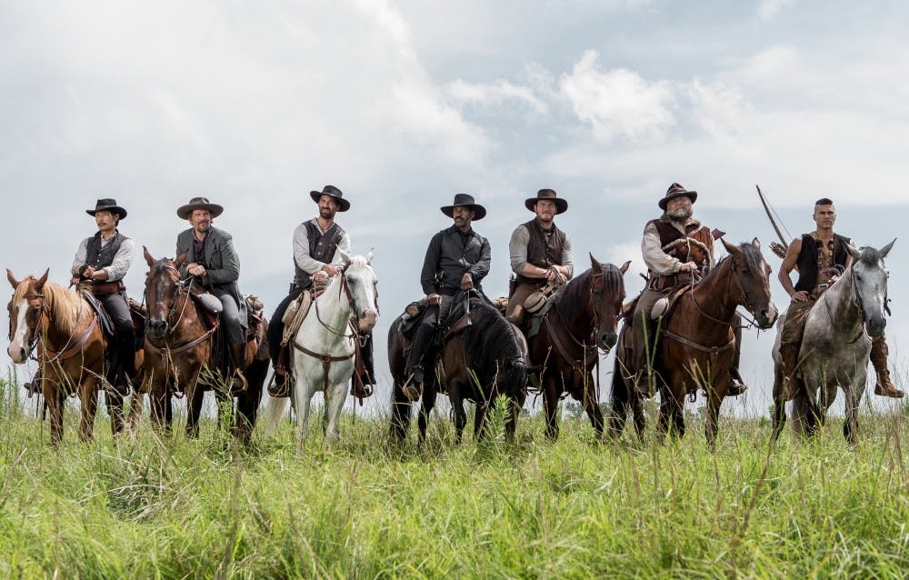 (l to r) Byung-hun Lee, Ethan Hawke, Manuel Garcia-Rulfo, Denzel Washington, Chris Pratt, Vincent D'Onofrio and Martin Sensmeier in Metro-Goldwyn-Mayer Pictures and Columbia Pictures' THE MAGNIFICENT SEVEN.