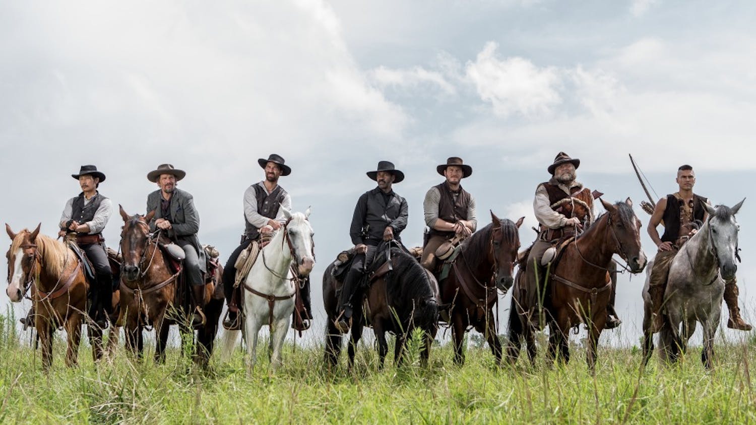 (l to r) Byung-hun Lee, Ethan Hawke, Manuel Garcia-Rulfo, Denzel Washington, Chris Pratt, Vincent D'Onofrio and Martin Sensmeier in Metro-Goldwyn-Mayer Pictures and Columbia Pictures' THE MAGNIFICENT SEVEN.