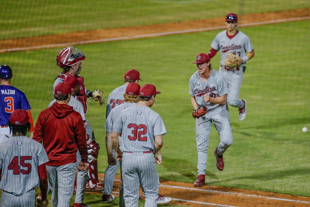 <p>FILE - Senior left-handed pitcher Garrett Gainey celebrates after striking out a batter during South Carolina’s game against Clemson at Segra Park on March 2, 2024. Gainey recorded six strikeouts in the Gamecocks’ 5-4 loss to the Tigers.</p>