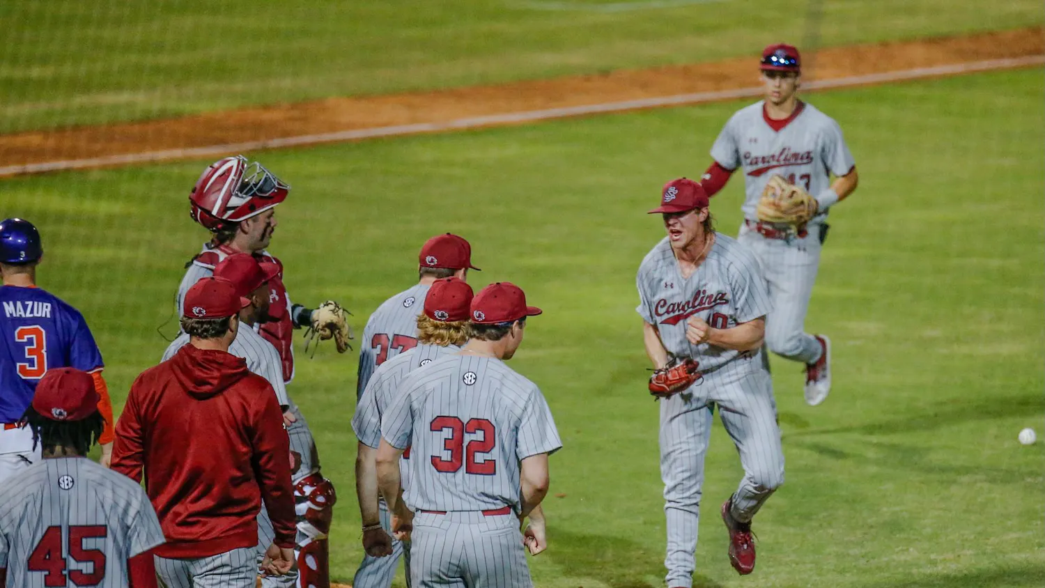 FILE - Senior left-handed pitcher Garrett Gainey celebrates after striking out a batter during South Carolina’s game against Clemson at Segra Park on March 2, 2024. Gainey recorded six strikeouts in the Gamecocks’ 5-4 loss to the Tigers.