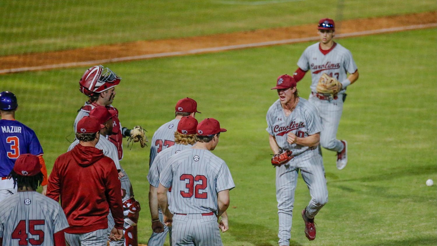 FILE - Senior left-handed pitcher Garrett Gainey celebrates after striking out a batter during South Carolina’s game against Clemson at Segra Park on March 2, 2024. Gainey recorded six strikeouts in the ɫɫƵs’ 5-4 loss to the Tigers.