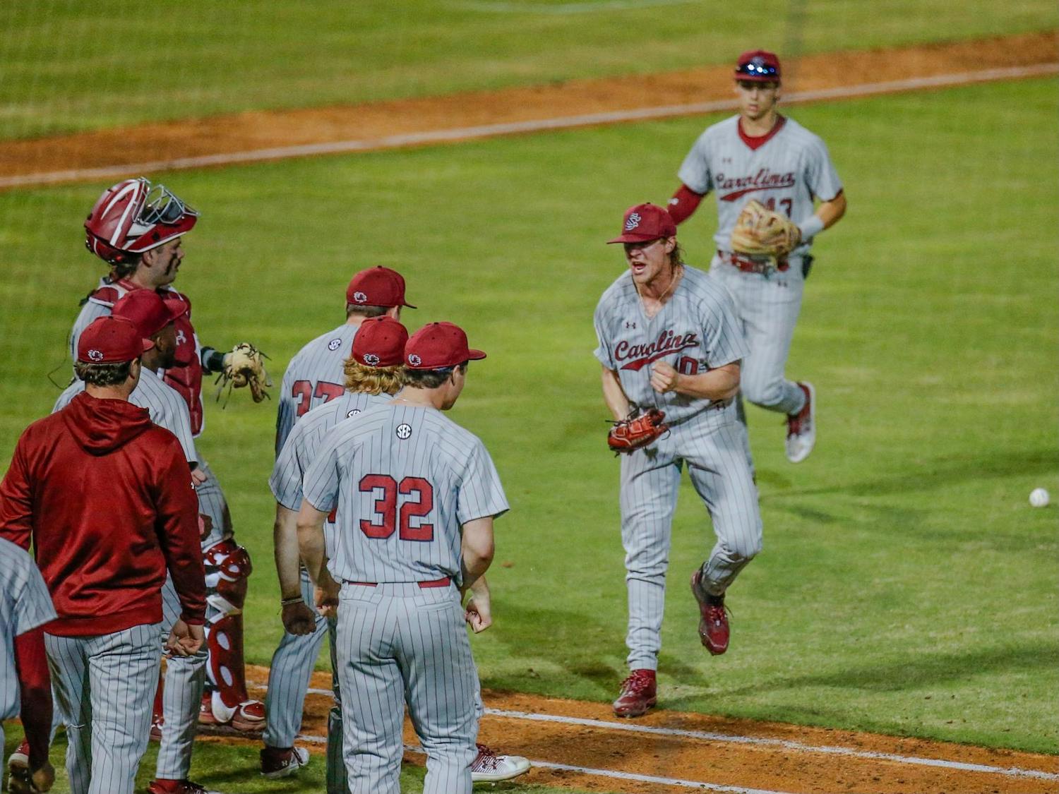 FILE - Senior left-handed pitcher Garrett Gainey celebrates after striking out a batter during South Carolina’s game against Clemson at Segra Park on March 2, 2024. Gainey recorded six strikeouts in the Gamecocks’ 5-4 loss to the Tigers.