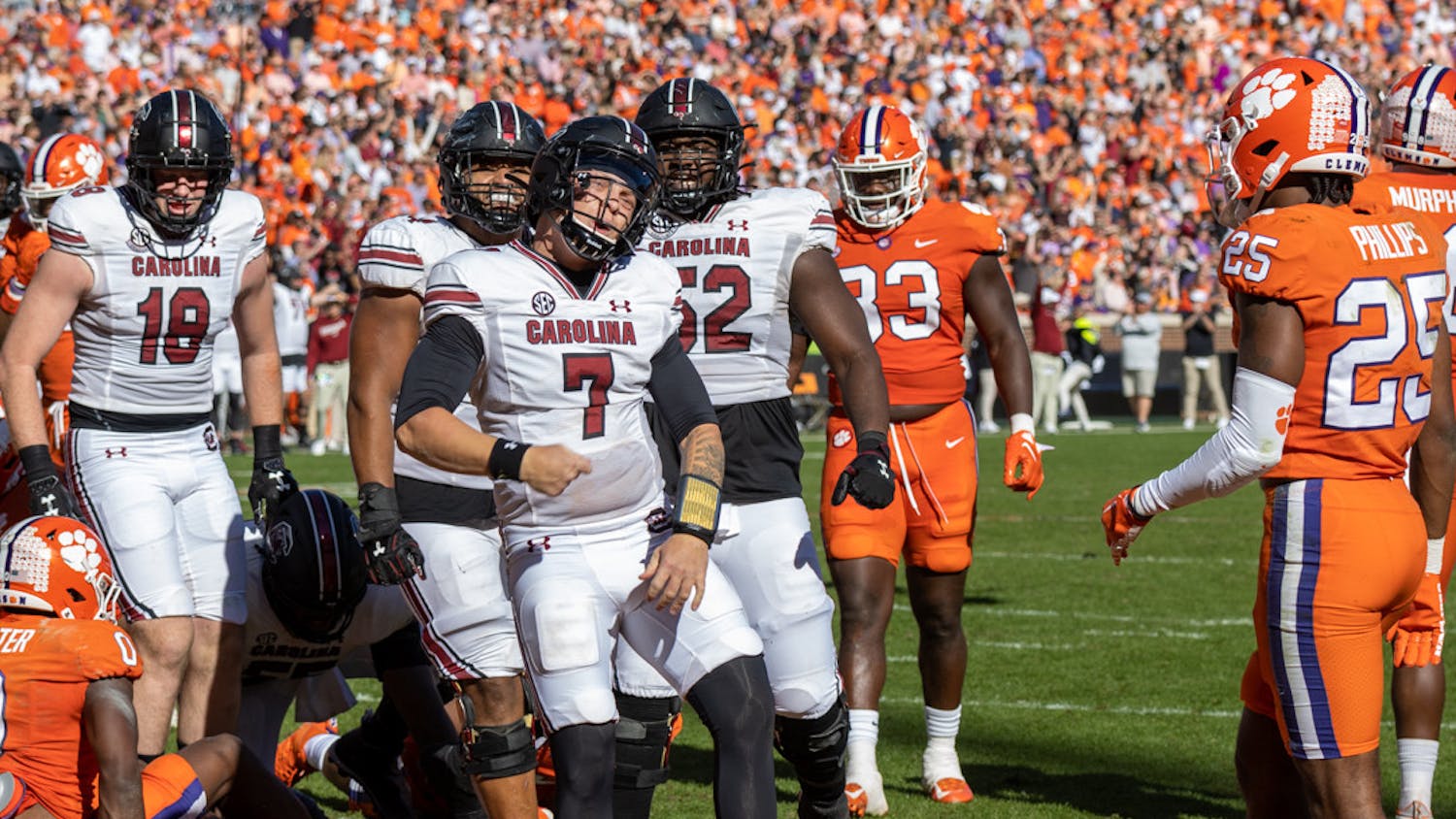 Redshirt junior quarterback Spencer Rattler celebrates after his touchdown on Nov. 26, 2022 at Memorial Stadium. The Gamecocks made a total of four touchdowns against Clemson.
