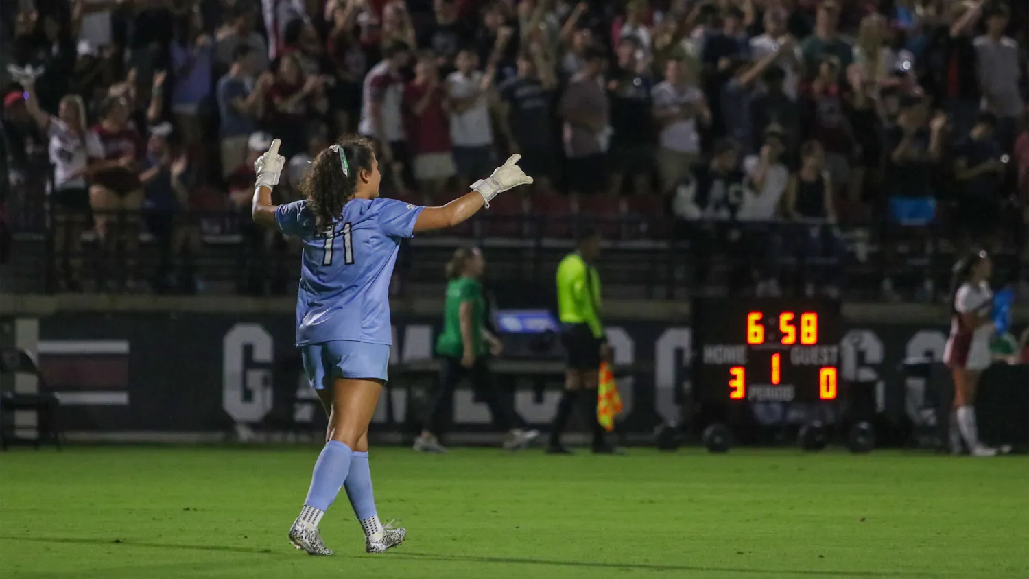 Senior goalkeeper Christina Tsaousis celebrates the Gamecocks' third goal in Eugene E. Stone III Stadium on Sept. 18, 2025. Tsaousis played the first half of the game and had one save.