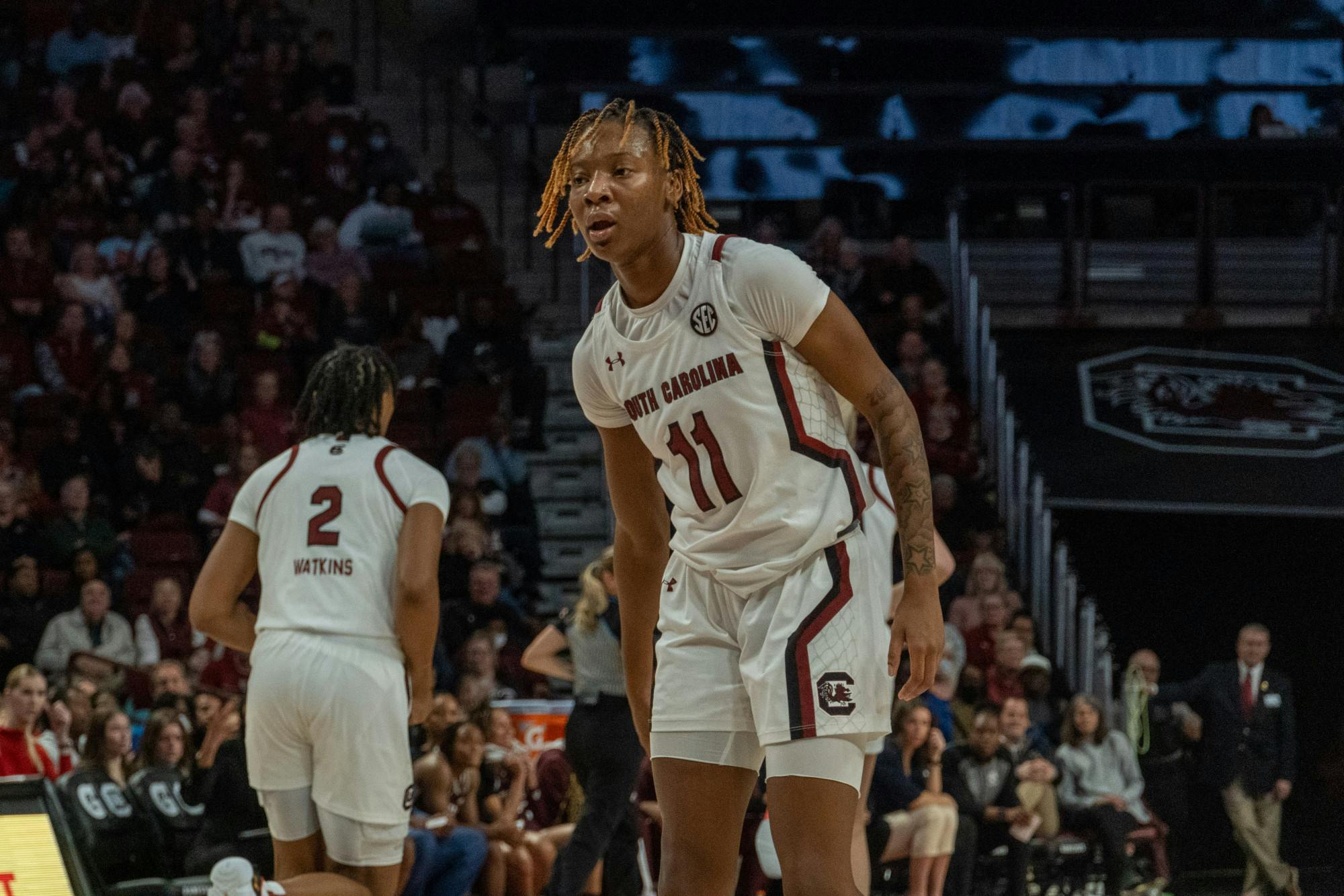 Freshman guard Talaysia Cooper waits behind the free throw line during the third quarter of South Carolina’s game against Texas A&amp;M on Dec. 29, 2022. Cooper was a standout player during the game, scoring 15 points.