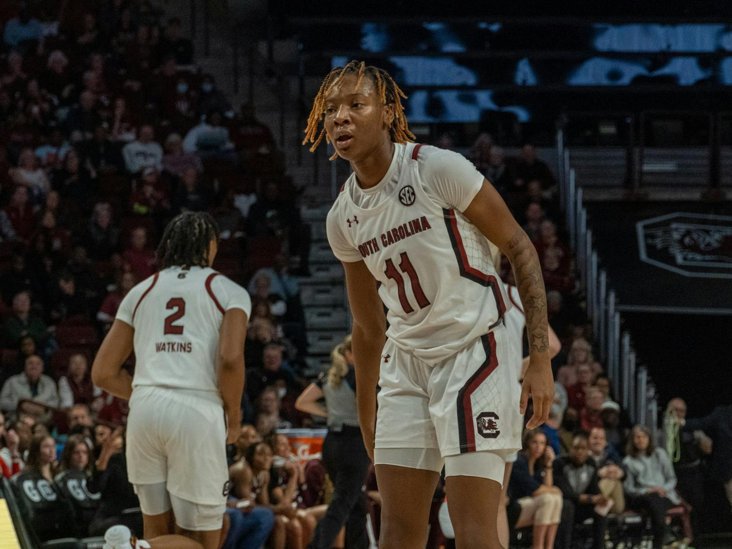 Freshman guard Talaysia Cooper waits behind the free throw line during the third quarter of South Carolina’s game against Texas A&amp;M on Dec. 29, 2022. Cooper was a standout player during the game, scoring 15 points.