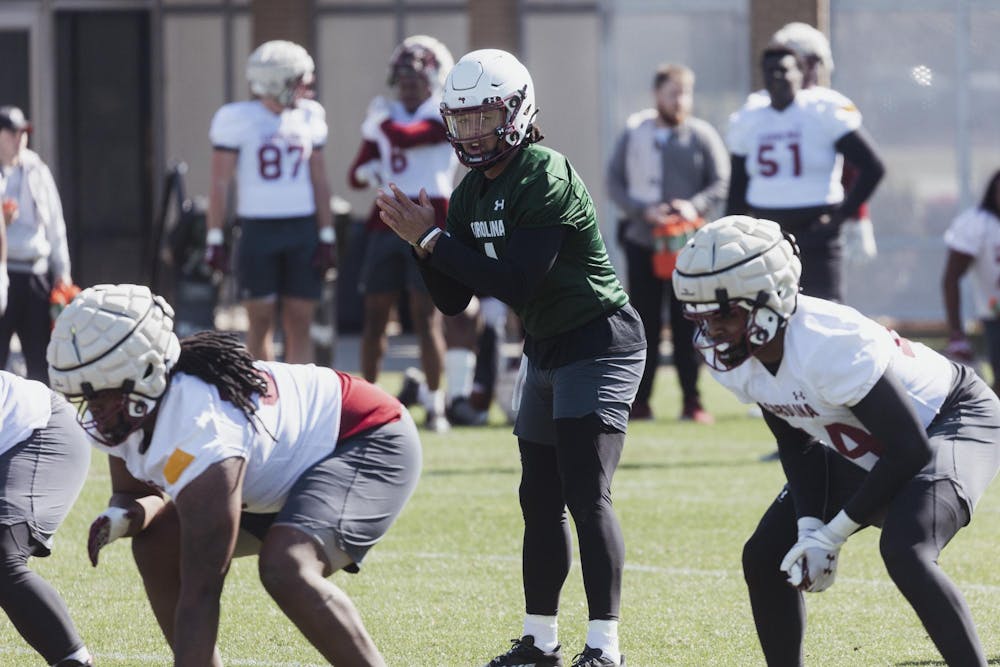 <p>Redshirt senior quarterback Robby Ashford calls for the snap during one of the South Carolina football teams' spring practice sessions. Ashford, a recent transfer to South Carolina, has two years of eligibility remaining after completing stints with Oregon and Auburn.</p>