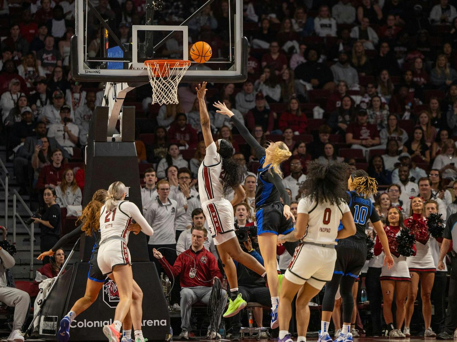 Senior forward Sania Feagin jumps for a layup during a game against No. 15 Kentucky on March 2, 2025, at Colonial Life Arena. Feagin scored 8 points and had four rebounds.