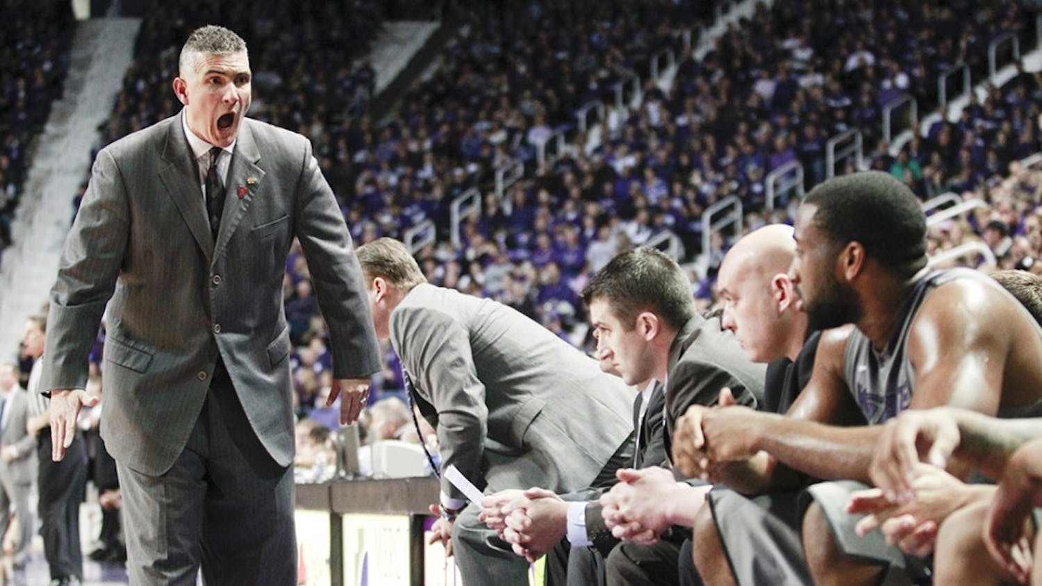 Kansas State coach Frank Martin yells at his bench during action against Texas A&amp;M in the second half at Bramlage Coliseum on Saturday, February 4, 2012, in Manhattan, Kansas. K-State pulled out a 64-53 victory. (Travis Heying/Wichita Eagle/MCT)