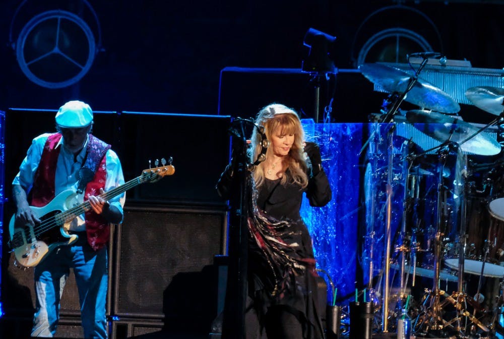 Fleetwood Mac bassist John McVie, left, lead singer Stevie Nicks, middle, and drummer Mick Fleetwood, right, during the Classic West festival at Dodger Stadium in Los Angeles on July 16, 2017. (Francine Orr/ Los Angeles Times/TNS)