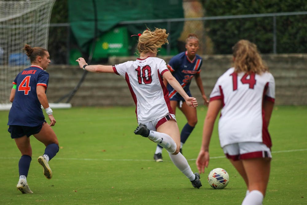 <p>Fifth year forward Catherine Barry kicks the ball during the game against Auburn on Oct. 27, 2024. Barry scored one goal during the game.</p>