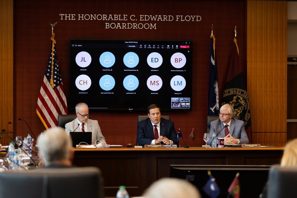<p>FILE—Chairman Thad Westbrook talks to the board of trustees during a meeting on Aug. 19, 2022. The board voted to extend Pete Lembo's contract through 2025 and approved Dowell Loggains contract as offensive coordinator during their meeting on Dec. 13, 2022.&nbsp;</p>
