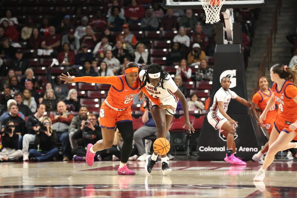 <p>Senior center Madina Okot steals the ball from a defender against Clemson University on Nov. 11, 2025, at Colonial Life Arena. The Gamecocks won 65-37 over the Tigers.</p>