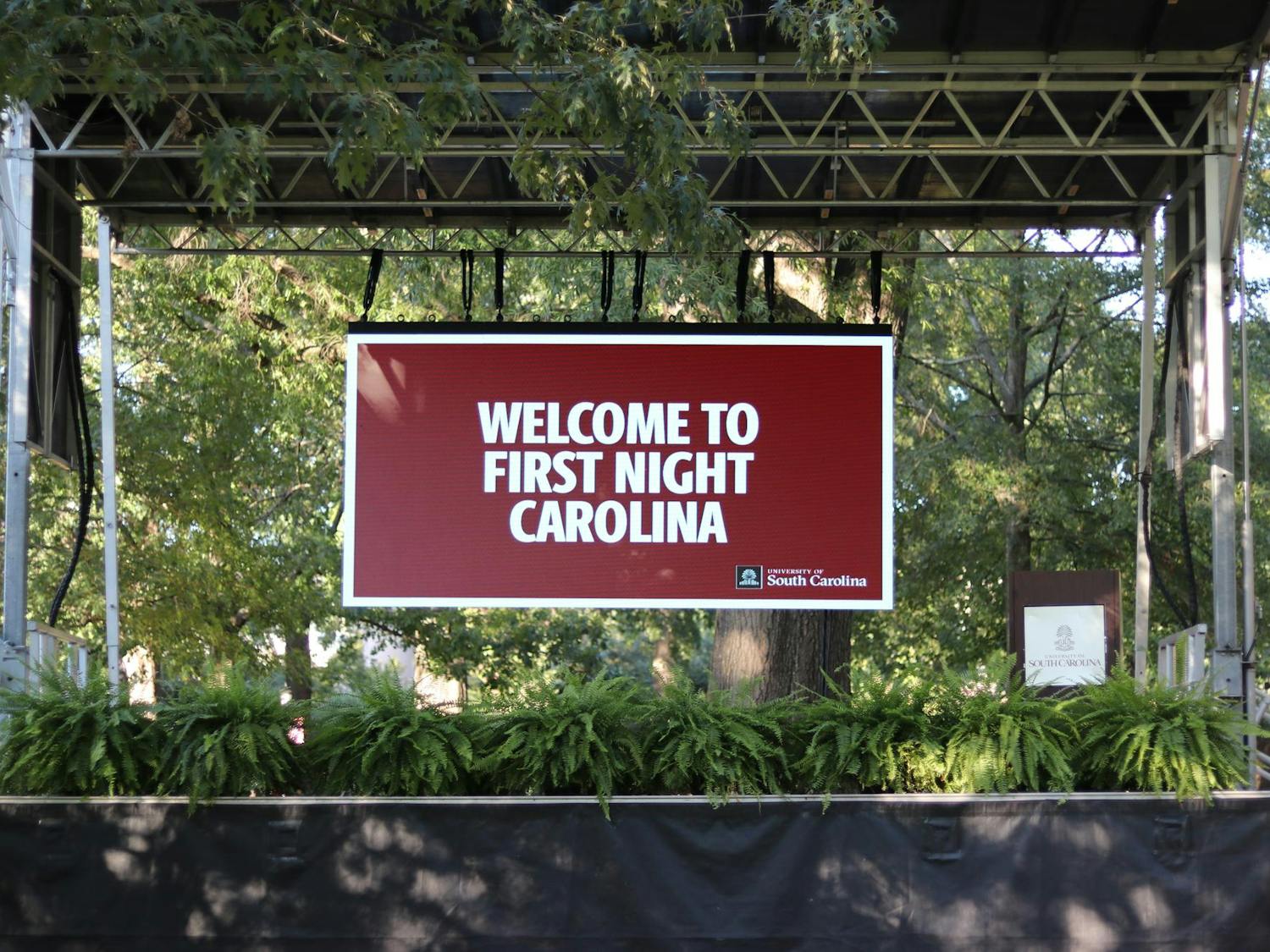 A welcome sign sits on the main stage of the First Night Carolina event on Aug. 19, 2024. The event welcomed students back to campus and featured performances from the Carolina Band, cheerleaders and DJs.