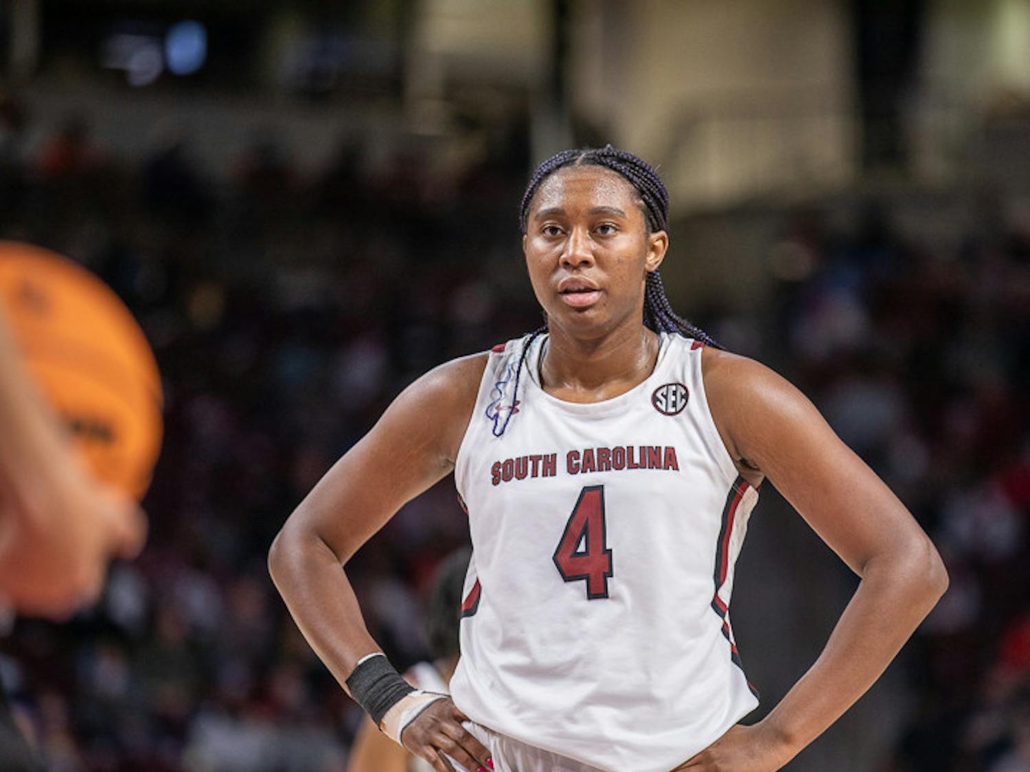 FILE— Senior forward Aliyah Boston stares down the referee as she prepares for her free-throw. South Carolina beat East Tennessee State 101-31 on Nov. 7, 2022. Boston was instrumental to the victory South Carolina got over Standford during their match on Nov. 20, 2022, scoring a total of 14 points in 29 min of play time.