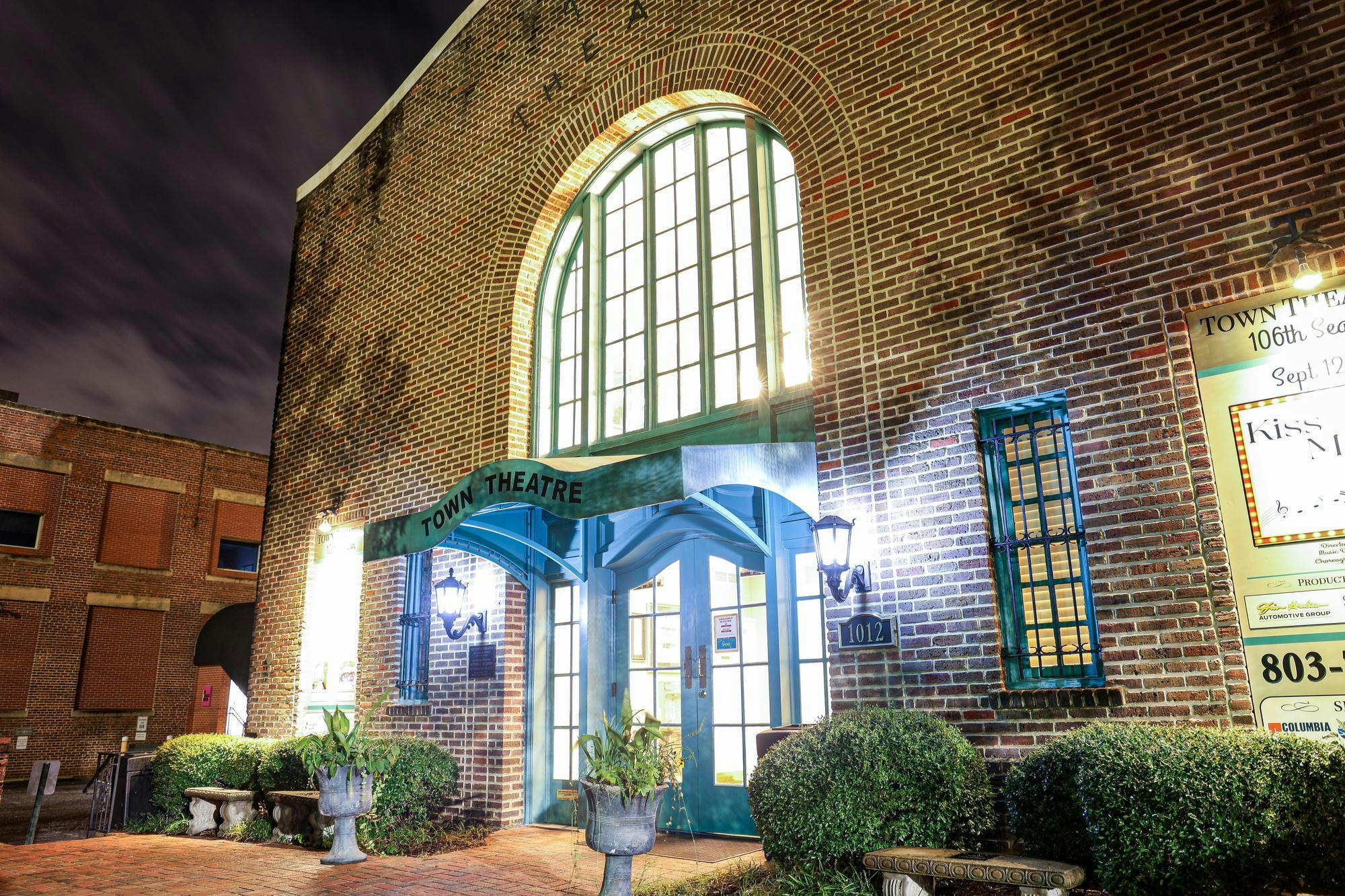 The exterior of Town Theatre on Sumter St. on the night of Oct. 12, 2025. The theatre was built in 1924 and hosts groups such as USC's Off Off Broadway.
