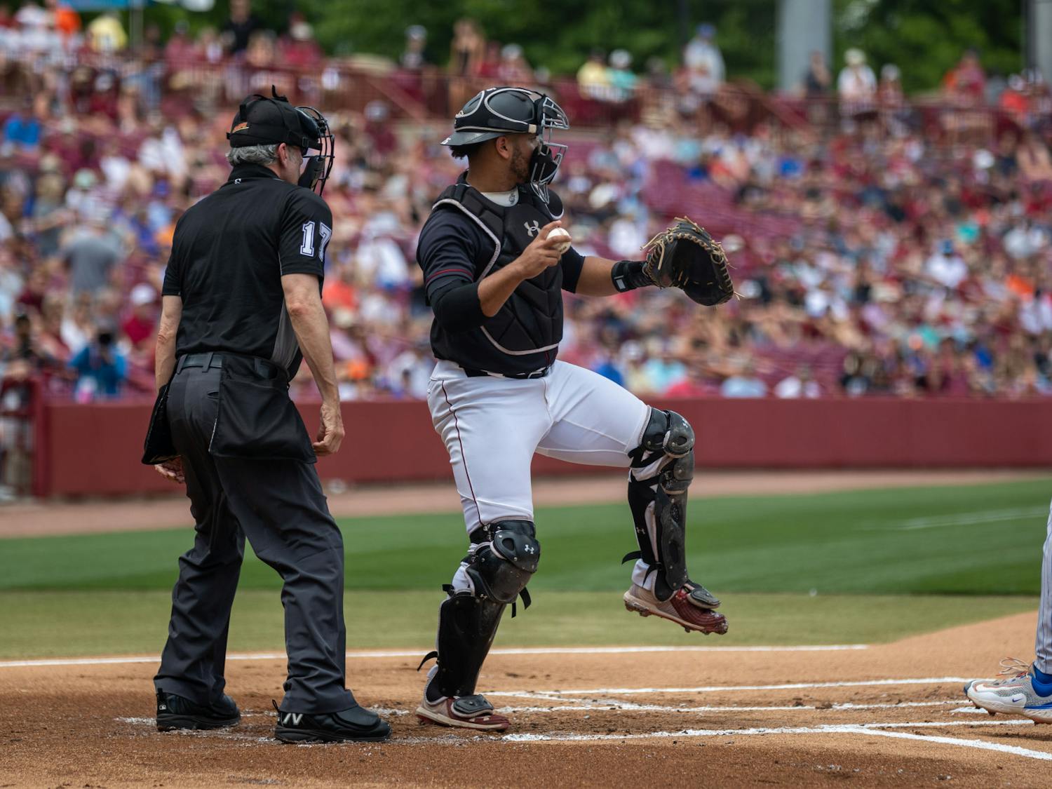 Senior catcher Jonathan French starts to throw the ball back to the pitcher during the South Carolina vs. Florida game at Founders Park on April 22, 2023. French caught the final two games of the series, reaching ten starts in his first season since transferring from Clemson.
