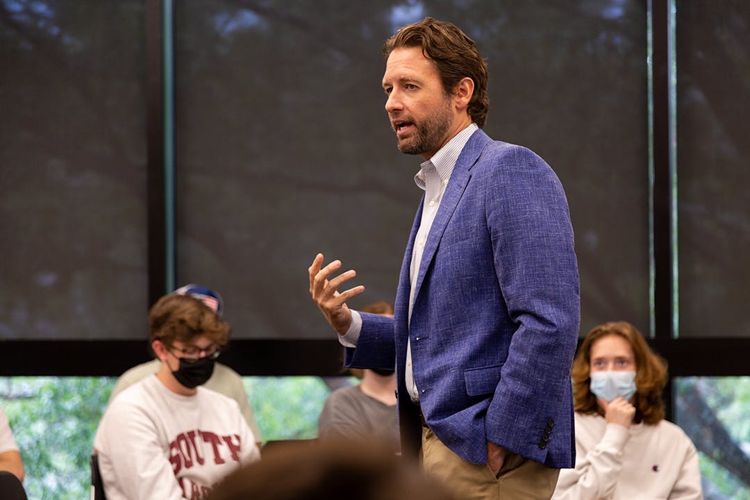 SC Democratic gubernatorial candidate Joe Cunningham speaks to a full room at Russell House. 